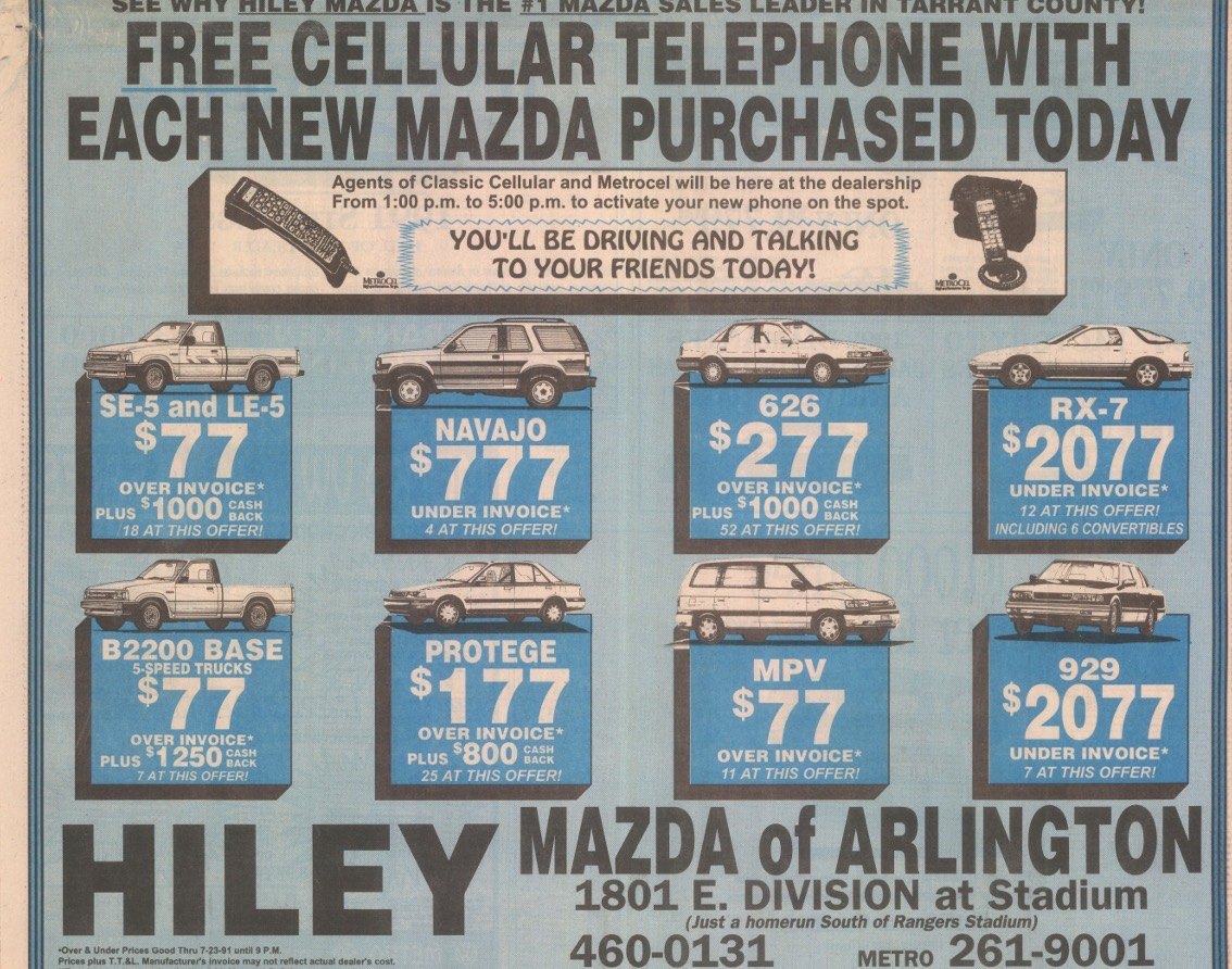 Hiley Mazda of Arlington free cellular telephone ad