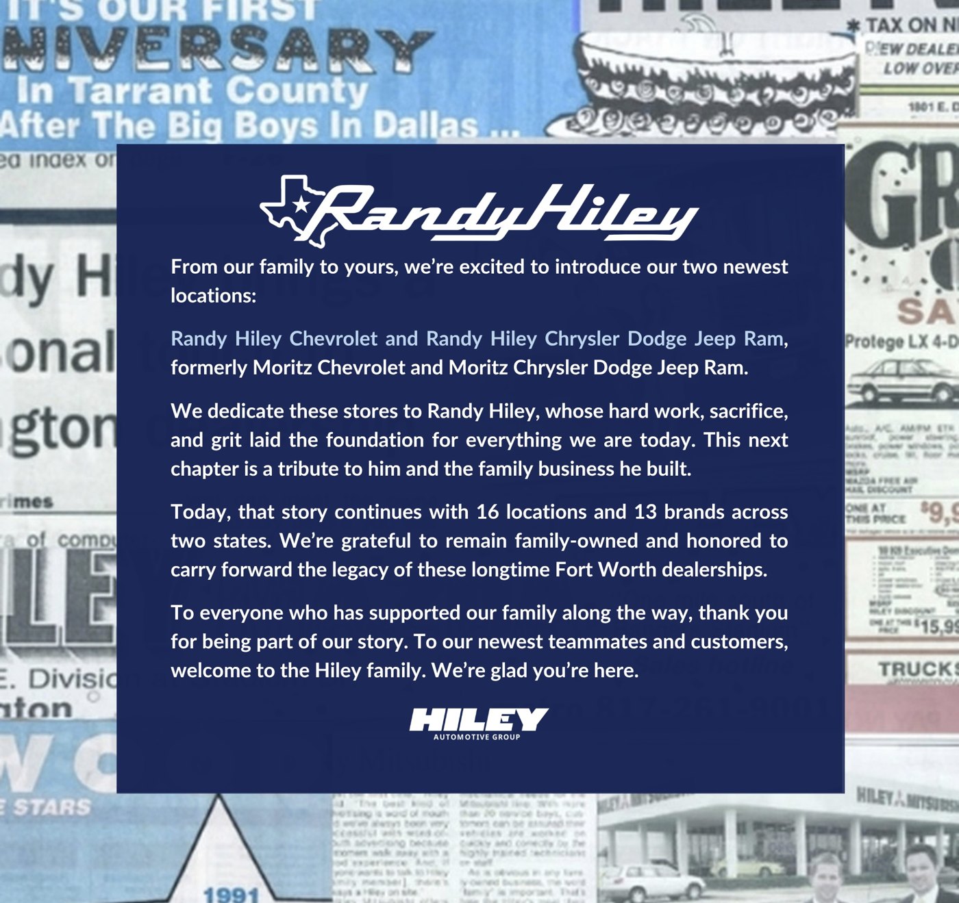 Letter from the Hiley family introducing Randy Hiley Chevrolet and Randy Hiley Chrysler Dodge Jeep Ram
